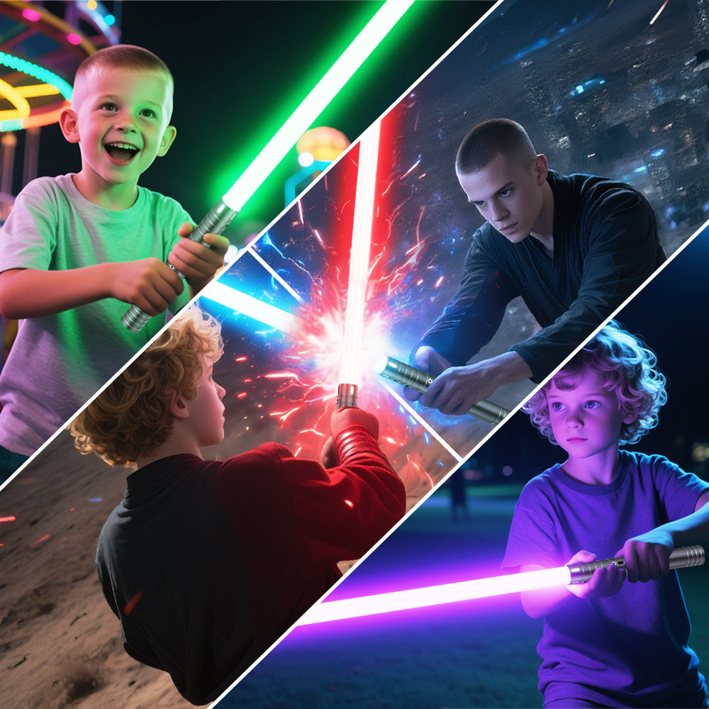 1-piece aluminum alloy handle, 15 color dynamic modes, rechargeable glowing sword, 4 cinematic sound effects