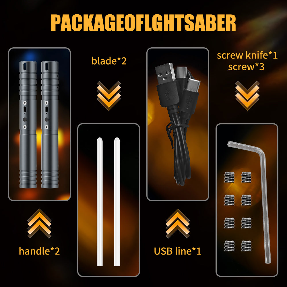 1-piece aluminum alloy handle, 15 color dynamic modes, rechargeable glowing sword, 4 cinematic sound effects