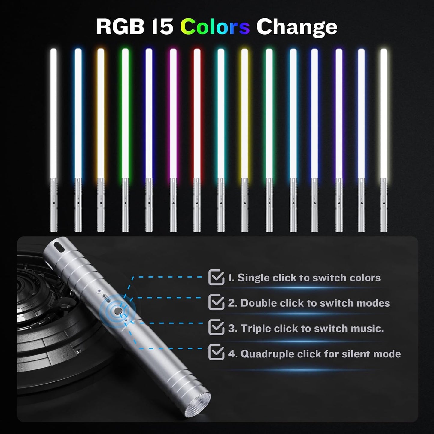 2-in-1 Light Up Sword Duel Set - Aluminum Handle, 15 Color Modes, 4 Sound Effects, Rechargeable - Perfect for Kids Role Playing and Adult Duels