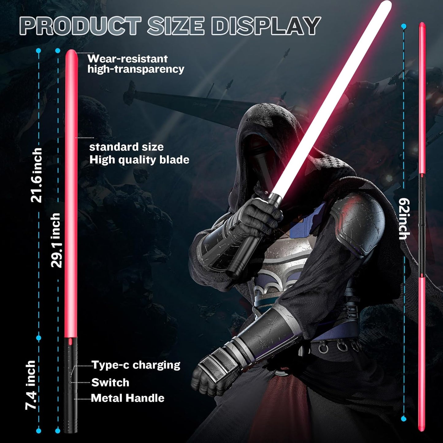 1-piece aluminum alloy handle, 15 color dynamic modes, rechargeable glowing sword, 4 cinematic sound effects