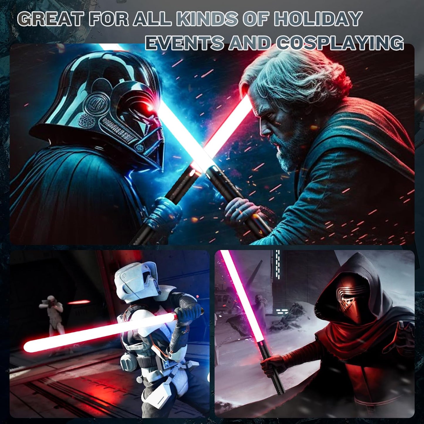 1-piece aluminum alloy handle, 15 color dynamic modes, rechargeable glowing sword, 4 cinematic sound effects