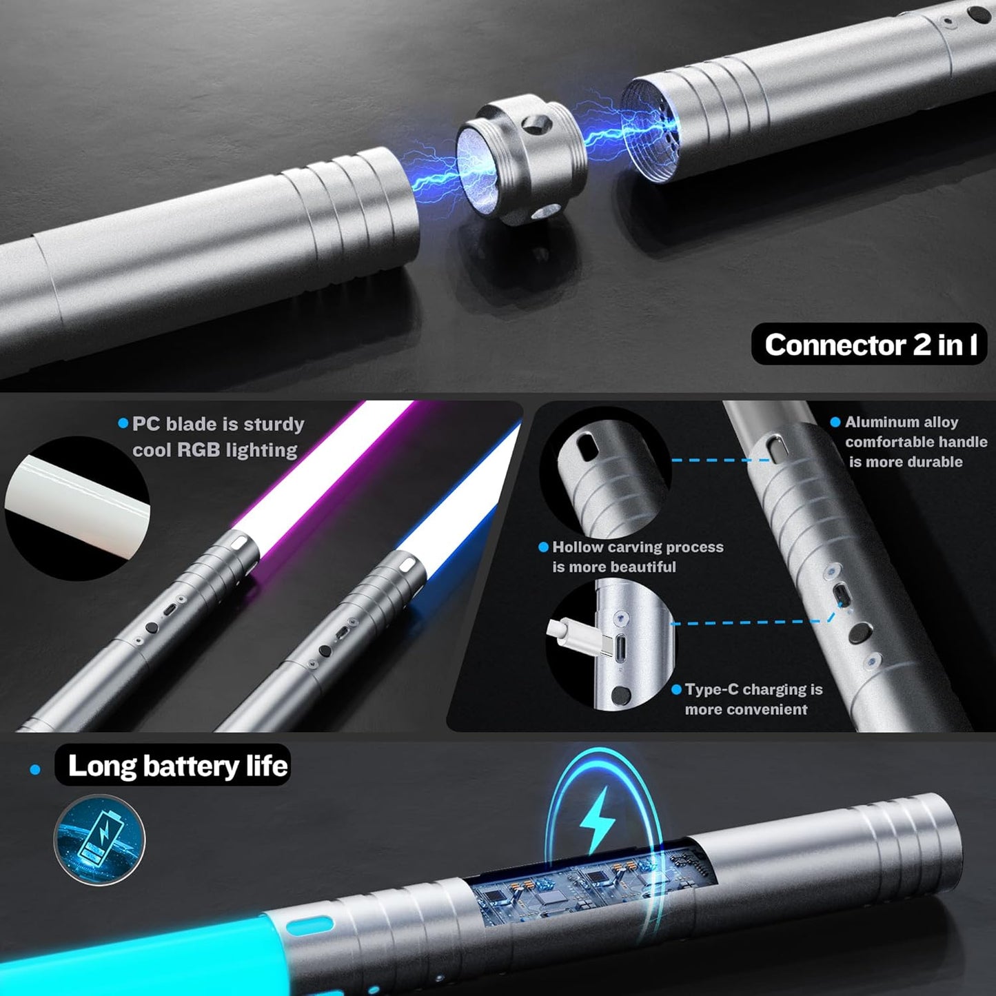 2-in-1 Light Up Sword Duel Set - Aluminum Handle, 15 Color Modes, 4 Sound Effects, Rechargeable - Perfect for Kids Role Playing and Adult Duels
