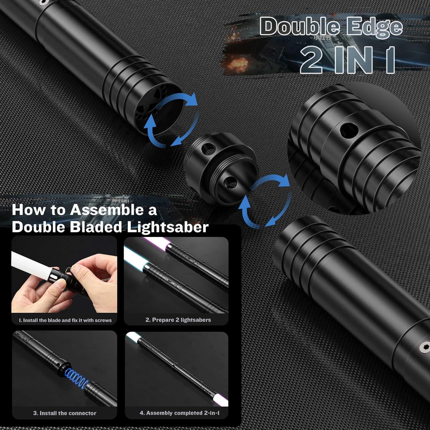 1-piece aluminum alloy handle, 15 color dynamic modes, rechargeable glowing sword, 4 cinematic sound effects