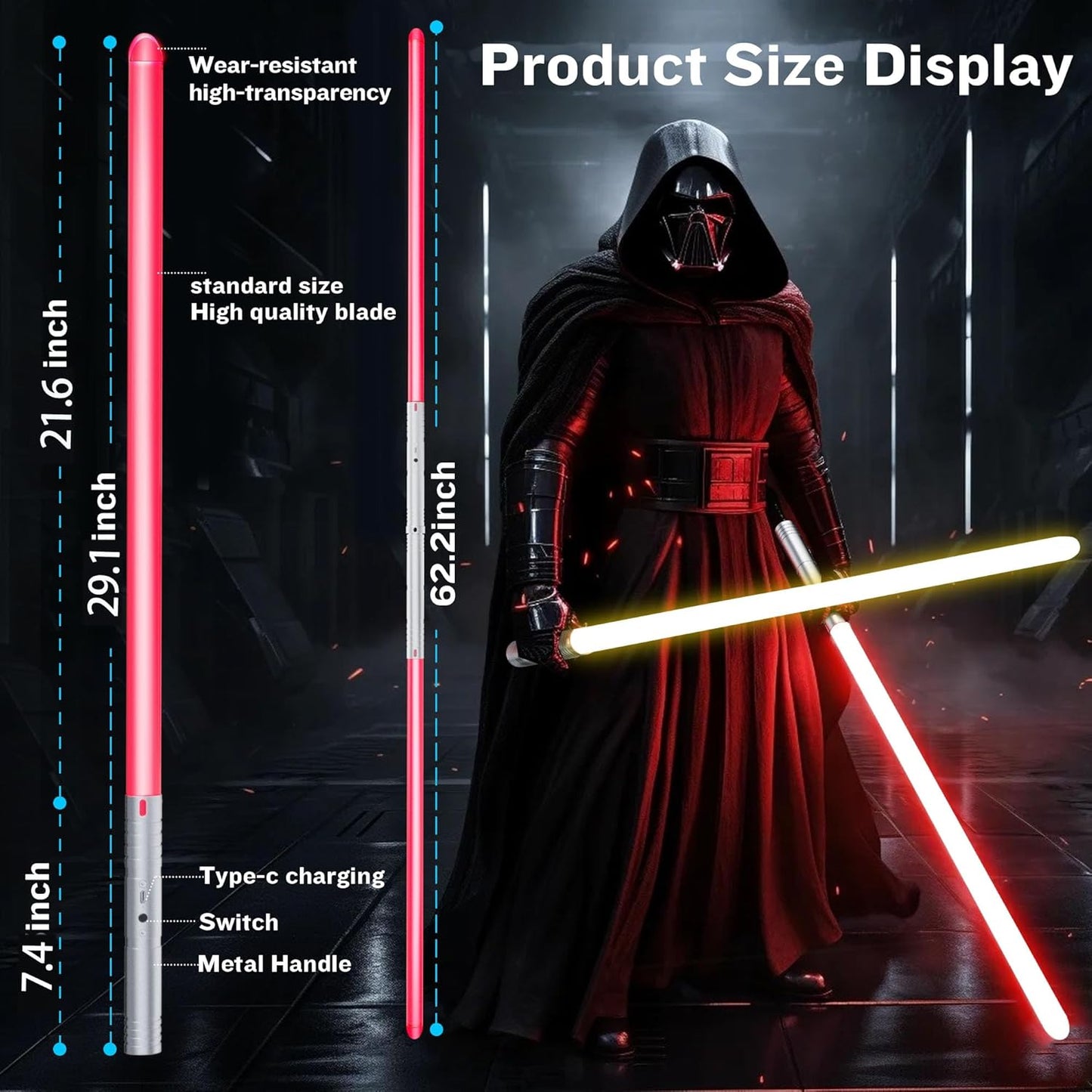 2-in-1 Light Up Sword Duel Set - Aluminum Handle, 15 Color Modes, 4 Sound Effects, Rechargeable - Perfect for Kids Role Playing and Adult Duels
