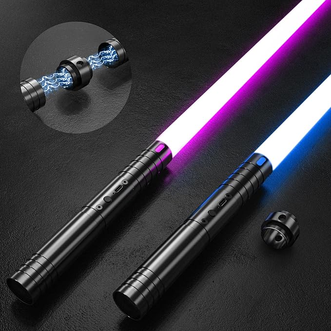 2-in-1 Light Up Sword Duel Set - Aluminum Handle, 15 Color Modes, 4 Sound Effects, Rechargeable - Perfect for Kids Role Playing and Adult Duels