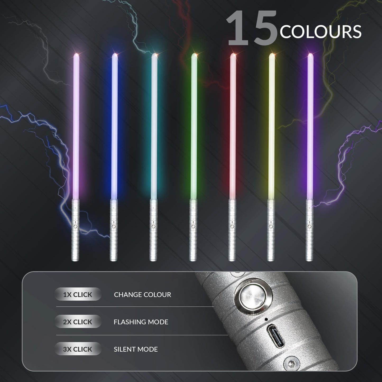 light up saber, 15 Colors and 4 Modes Light up Light Saber for Dueling, 2-in-1 RGB Detachable USB Charge
