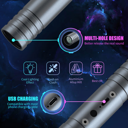 1-piece aluminum alloy handle, 15 color dynamic modes, rechargeable glowing sword, 4 cinematic sound effects