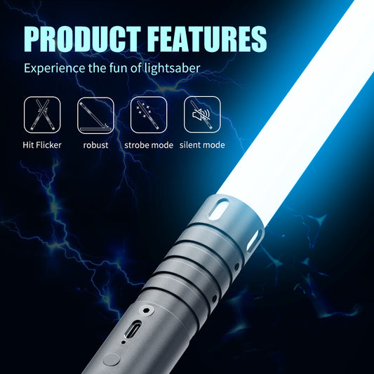 1-piece aluminum alloy handle, 15 color dynamic modes, rechargeable glowing sword, 4 cinematic sound effects