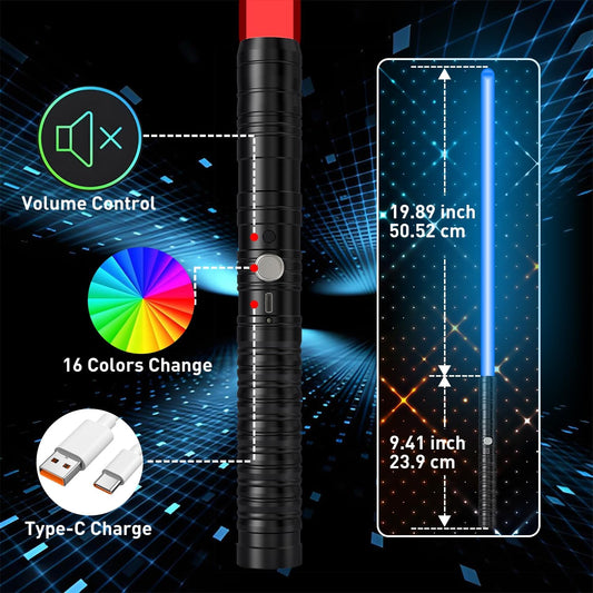15 RGB colors Type-C aluminum alloy handle Rechargeable 4 modes Duel lightsaber gift, 1 set black/silver suitable for adult gift giving